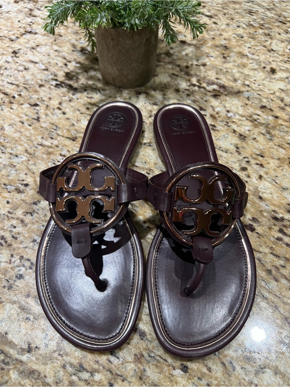 Tory Burch Miller Metal Malbec/Grape Leather Sandals with Gold Logo 10M